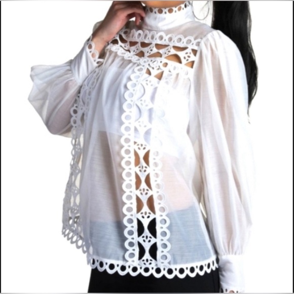 CLOSETTE CHIC NWT White Embroidered Cutout Eyelet Sheer Long Sleeves Blouse Sz M - Picture 2 of 15